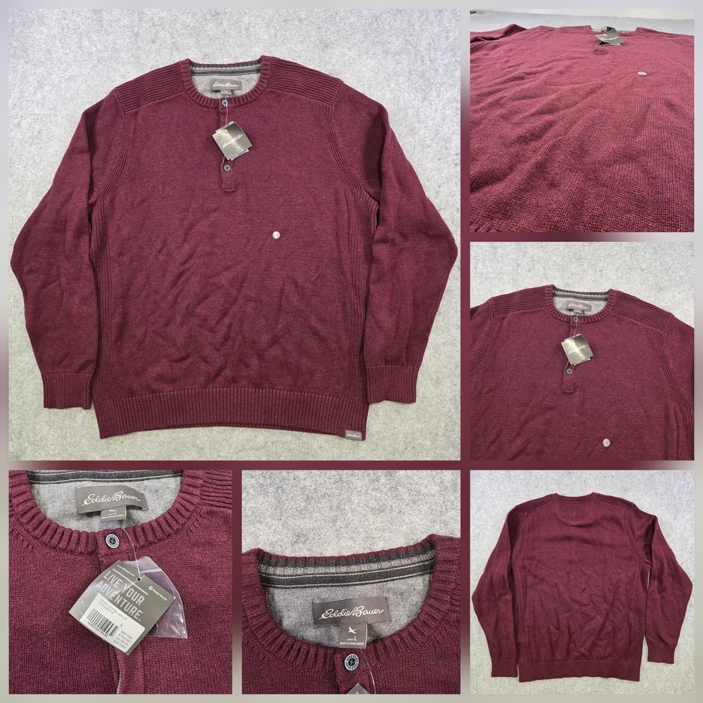 Eddie Bauer Sweater Mens Large Red 100% Cotton Henley Knit Crew Neck Pullover